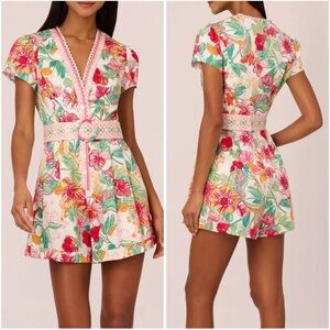 Adrianna Papell Women's Floral-Print Belted Pink Green Romper size 16 pockets